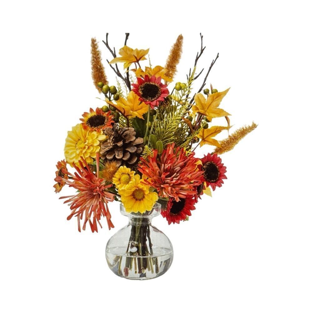 Harvest Moon Silk Flower Autumn Floral Arrangement in Glass Vase